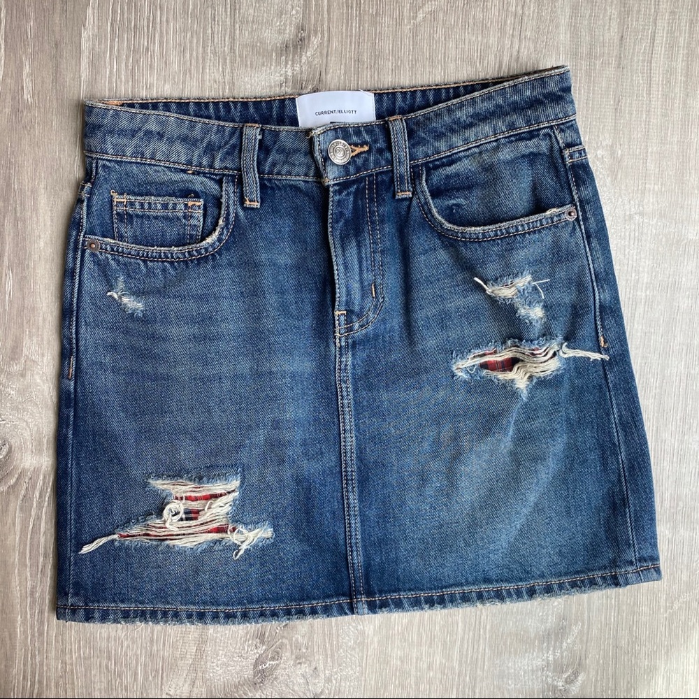Current/Elliott Distressed Denim Mini Skirt Plaid